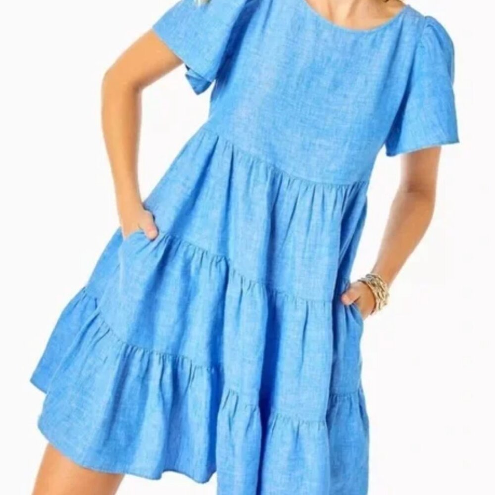 NWT Lilly Pulitzer Jocelyn Short Sleeve Linen Swing Dress SZ S Boca Blue